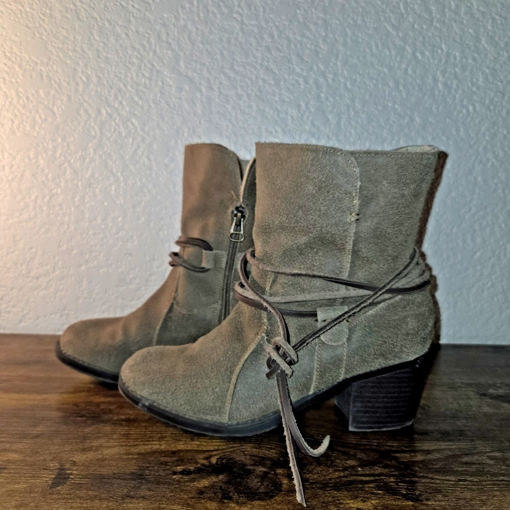 Eddie Bauer Louise Ankle Boots Womens 7 Chocolate Suede Faux Fur‎ Wrap Laces